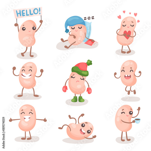 Funny soy bean characters set, cute soybean with human face showing different emotions cartoon vector Illustrations