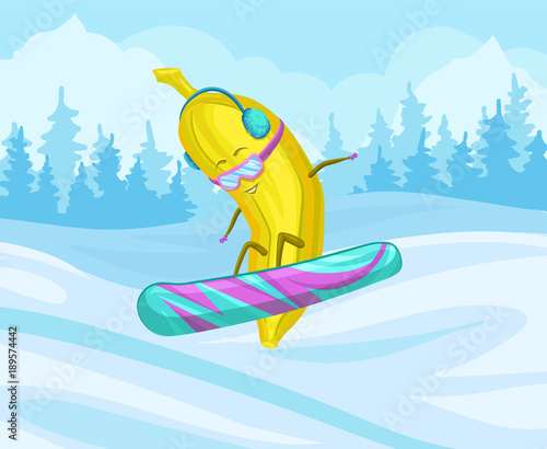 Funny banana character wearing glasses and headphones snowboarding vector illustration, design element for poster or banner
