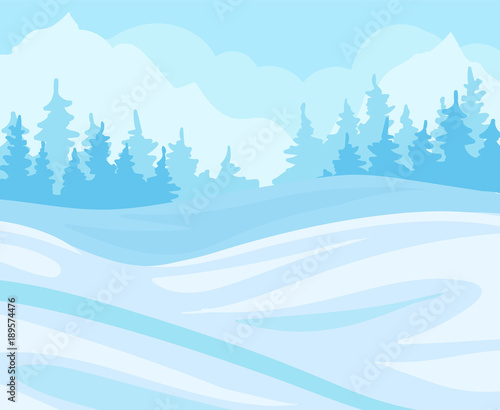 Day In Winter Forest, snowy landscape with fir trees and hills background vector Illustration