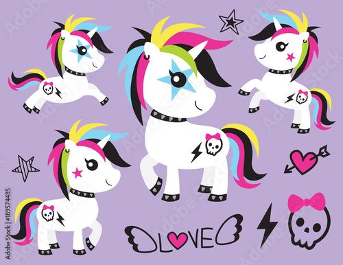 Vector illustration of cute punk unicorn rocker with skull tattoo and colorful hair.