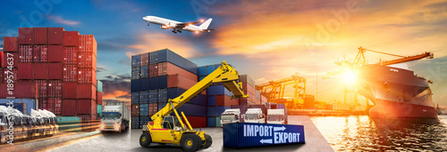 Fotografi Logistics and transportation of Container Cargo ship and Cargo plane with workin
