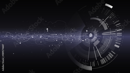 Abstract tech design background. Engineering technology wallpaper made with lines, dots, circles. Futuristic technology interface on dark background. Digital technology concept, vector illustration.