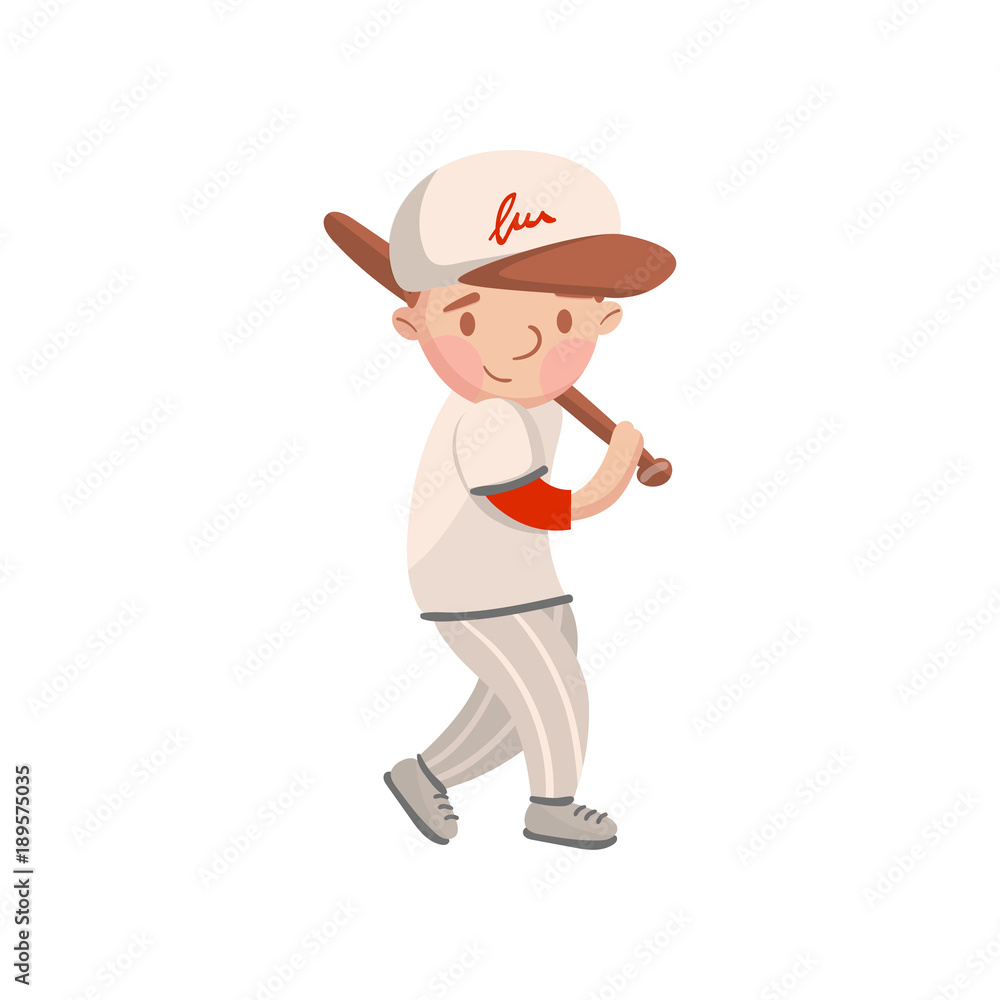 Little boy in white uniform playing baseball, kids physical activity cartoon vector Illustration Little boy in white uniform playing baseball, kids physical activity cartoon vector Illustration
