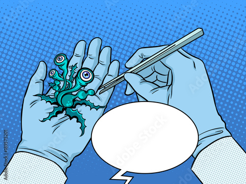 Hands alien plant creature up pop art vector