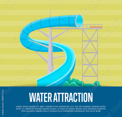 Water attraction poster with blue plastic water slide. Outdoor family beach vacation, children extreme aquapark vector illustration. Wonderful summertime activity, funny relax and recreation banner.