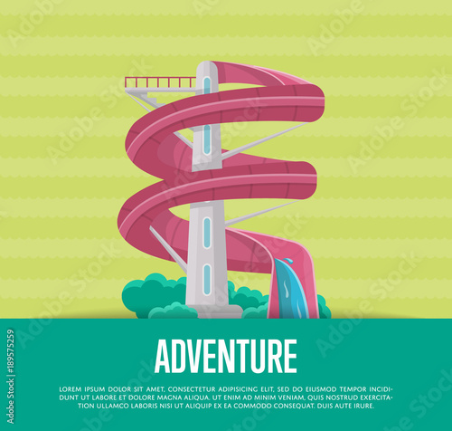 Summer adventure poster with blue plastic water slide. Outdoor family beach vacation, children extreme aquapark vector illustration. Wonderful summertime activity, funny relax and recreation banner.