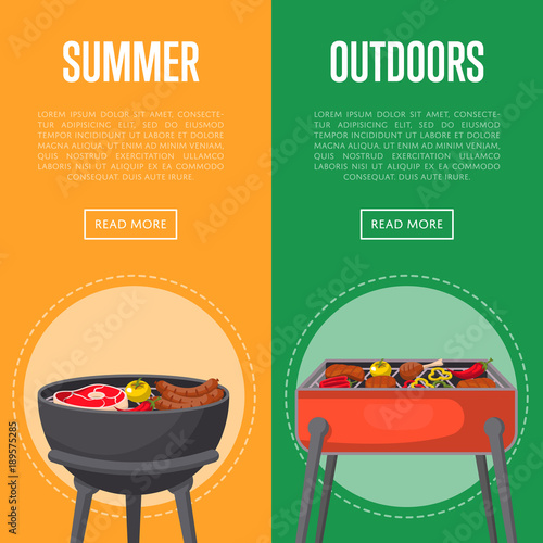 Outdoor summer picnic flyers with meat and vegetables on charcoal grill. Garden bbq party, family weekend food preparation. Cooking equipment with assorted delicious food vector illustration.