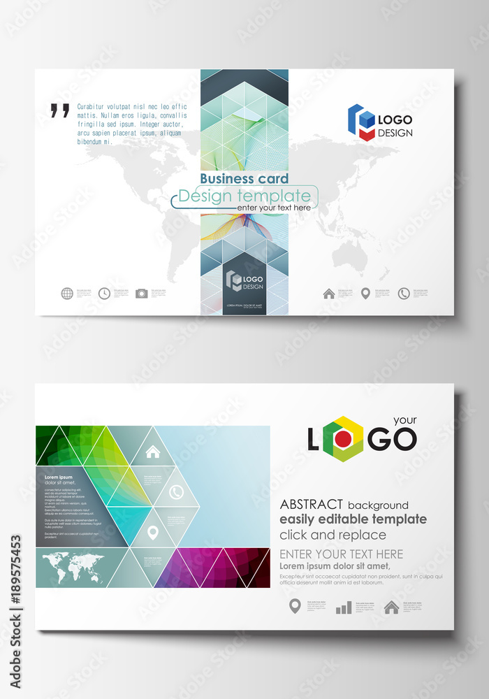 Business card templates. Cover template, easy editable vector, flat style layout. Colorful design background with abstract shapes and waves, overlap effect.