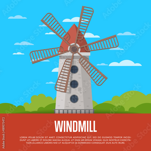 Stone windmill tower on nature background. Organic agricultural farming and flour production, ecological food manufacturing, clean energy. Medieval european travel attraction vector illustration