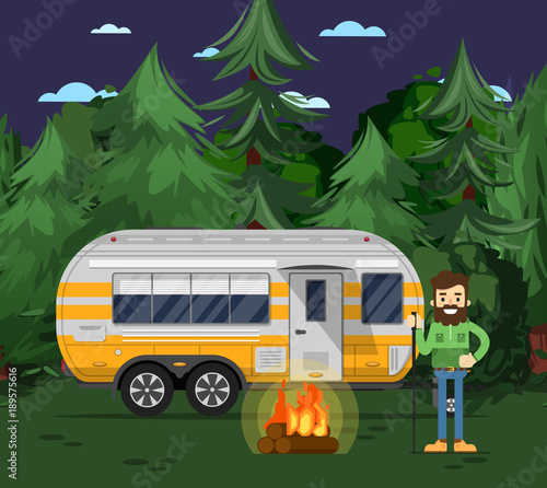 Tourist camp poster with man, bonfire and travel trailer in deep forest. Car RV trailer caravan, compact motorhome, mobile home for country traveling and outdoor family vacation vector illustration.