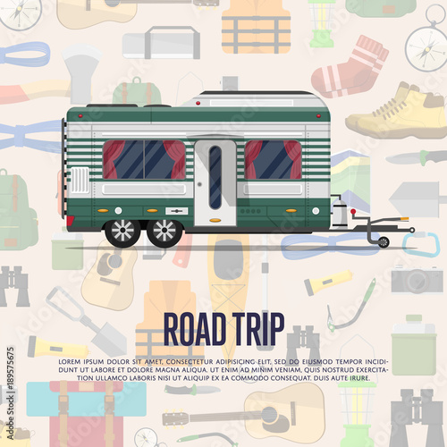 Road trip poster with camping trailer. Car RV trailer caravan, compact motorhome sale advertising template. Mobile home for country traveling and outdoor family vacation vector illustration.