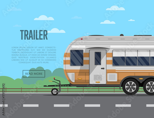 Road trip poster with camping trailer on highway. Side view car RV trailer caravan, compact motorhome advertising. Mobile home for country traveling and outdoor family vacation vector illustration © studioworkstock