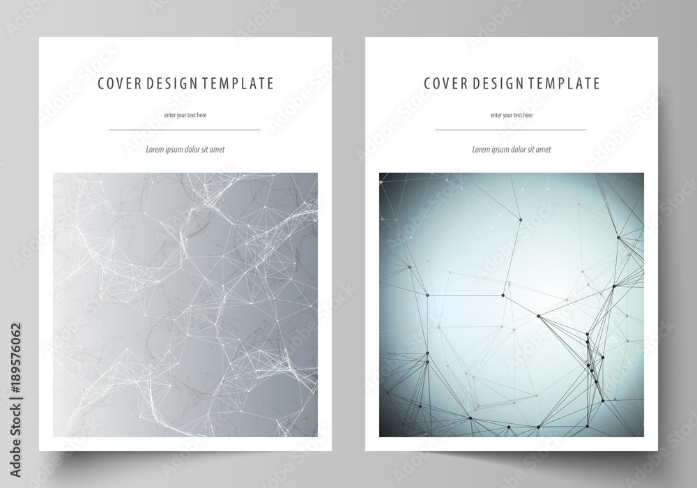 Business templates for brochure, magazine, flyer, booklet. Cover design template, vector layout in A4 size. Chemistry pattern, connecting lines and dots, molecule structure, medical DNA research.