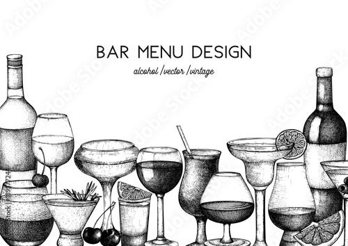 Vector design with hand drawn drinks illustration. Vintage beverages sketch background. Retro template isolated. Restaurant or cafe menu template.
