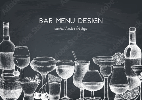 Vector design with hand drawn drinks illustration. Vintage beverages sketch background. Retro template isolated on chalkboard. Restaurant or cafe menu template.