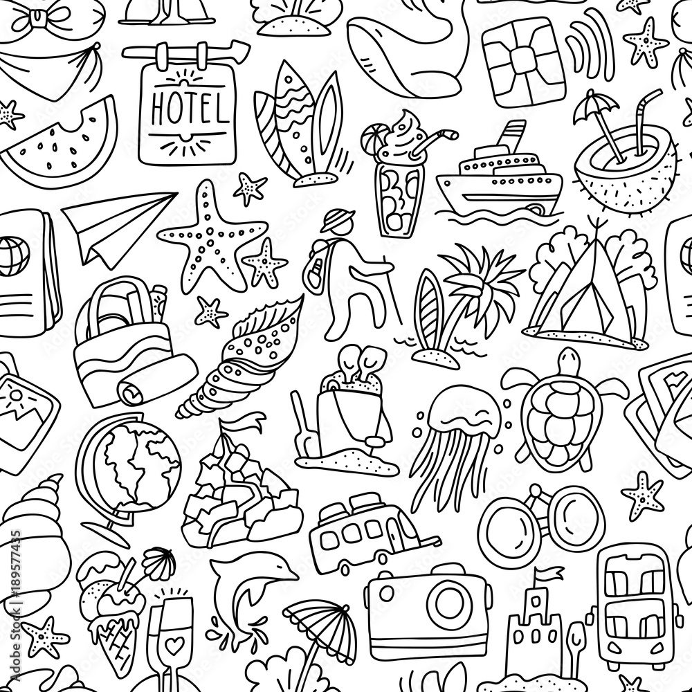 Travel and summer seamless pattern, journey and trip background. Adventure time pattern in hand draw style, vector sketch elements on repeatable pattern