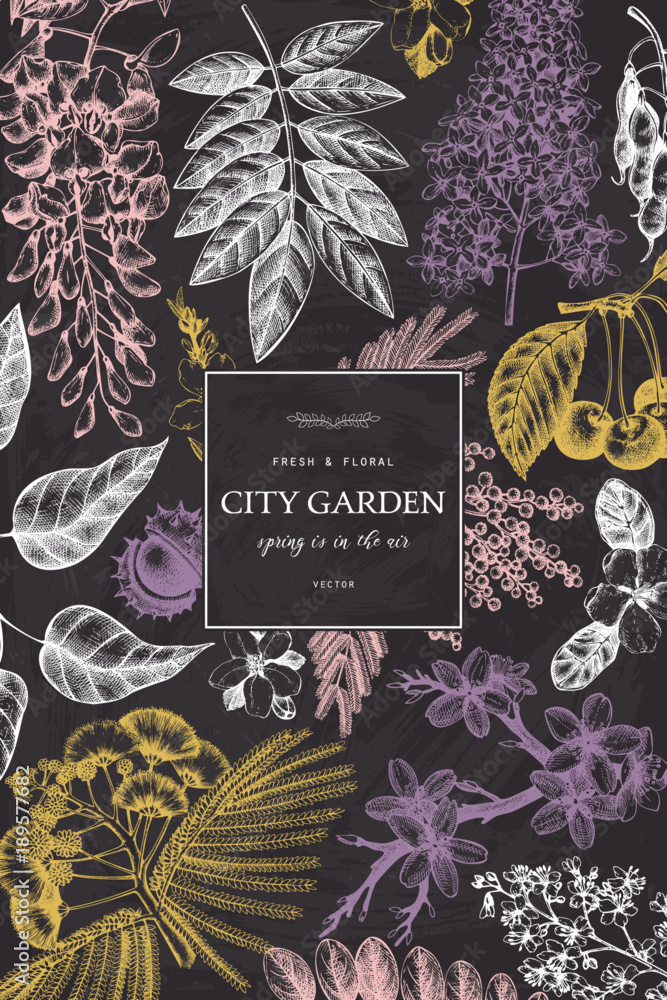 Fototapeta premium Vector card design with hand drawn blossoming trees illustration. Spring flowers sketch collection in pastel colors.Wedding invitation template on chalkboard.