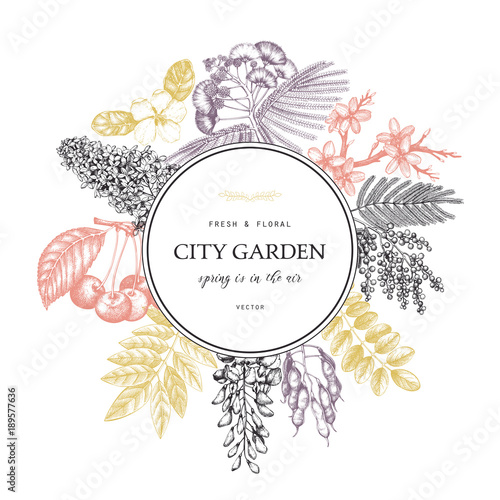 Vector card design with hand drawn blossoming trees illustration. Spring flowers sketch collection.Wedding invitation template in pastel colors.