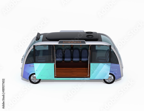 Side view of autonomous shuttle bus with opened door isolated on white background. 3D rendering image.