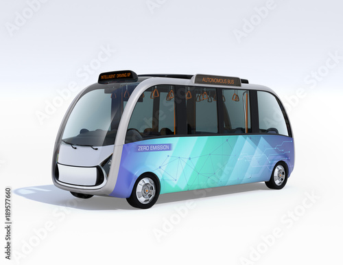 Autonomous shuttle bus isolated on gray background. 3D rendering image.