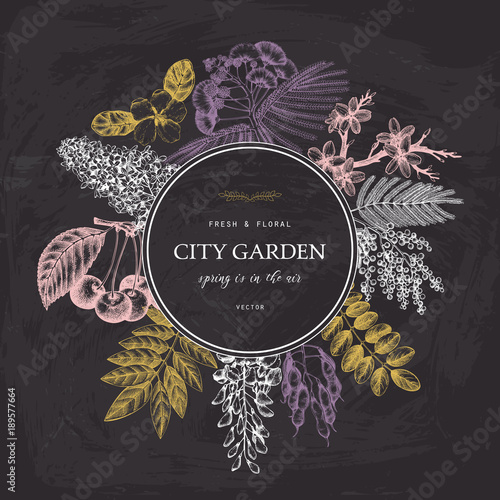 Vector card design with hand drawn blossoming trees illustration. Spring flowers sketch collection in pastel colors.Wedding invitation template on chalkboard.