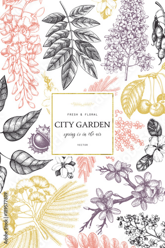Vector card design with hand drawn blossoming trees illustration. Spring flowers sketch collection.Wedding invitation template in pastel colors.