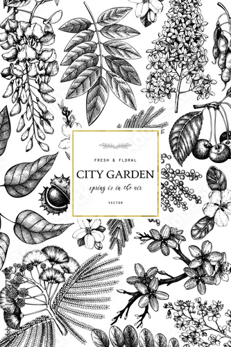 Vector card design with hand drawn blossoming trees illustration. Spring flowers sketch collection.Wedding invitation template in black and gold