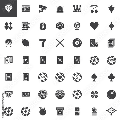 Casino and gambling vector icons set, modern solid symbol collection, filled style pictogram pack. Signs, logo illustration. Set includes icons as roulette, chip, clover, spade, heart, domino, cards