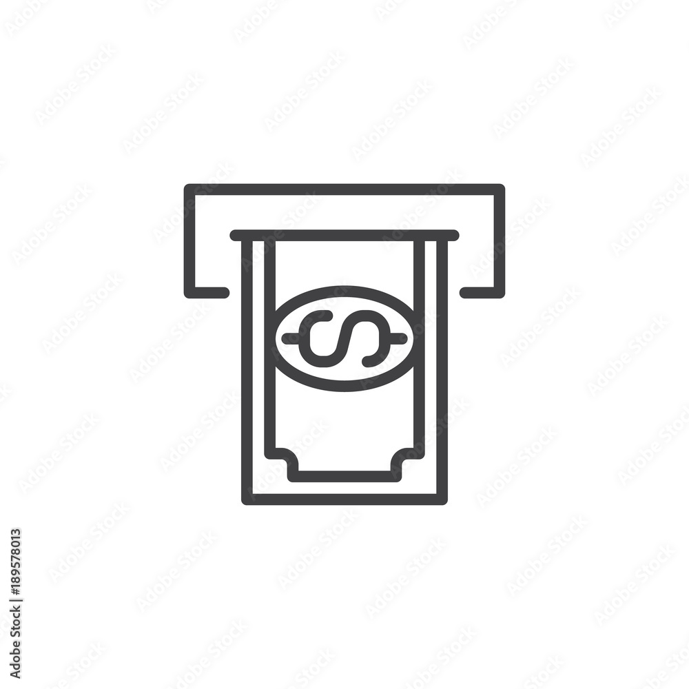 Money in slot line icon, outline vector sign, linear style pictogram isolated on white. Dollar in ATM symbol, logo illustration. Editable stroke Money in slot line icon, outline vector sign, linear style pictogram isolated on white. Dollar in ATM symbol, logo illustration. Editable stroke