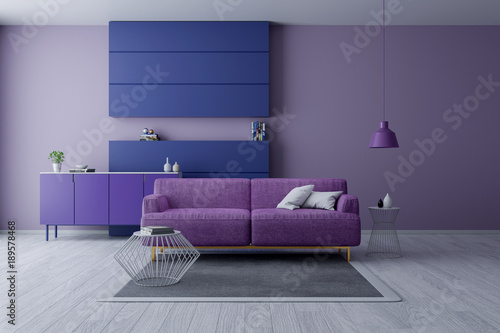 Modern and minamalist interior of living room ,Ultraviolet home decor concept, purple armchair on purple wall and white floor ,3d render