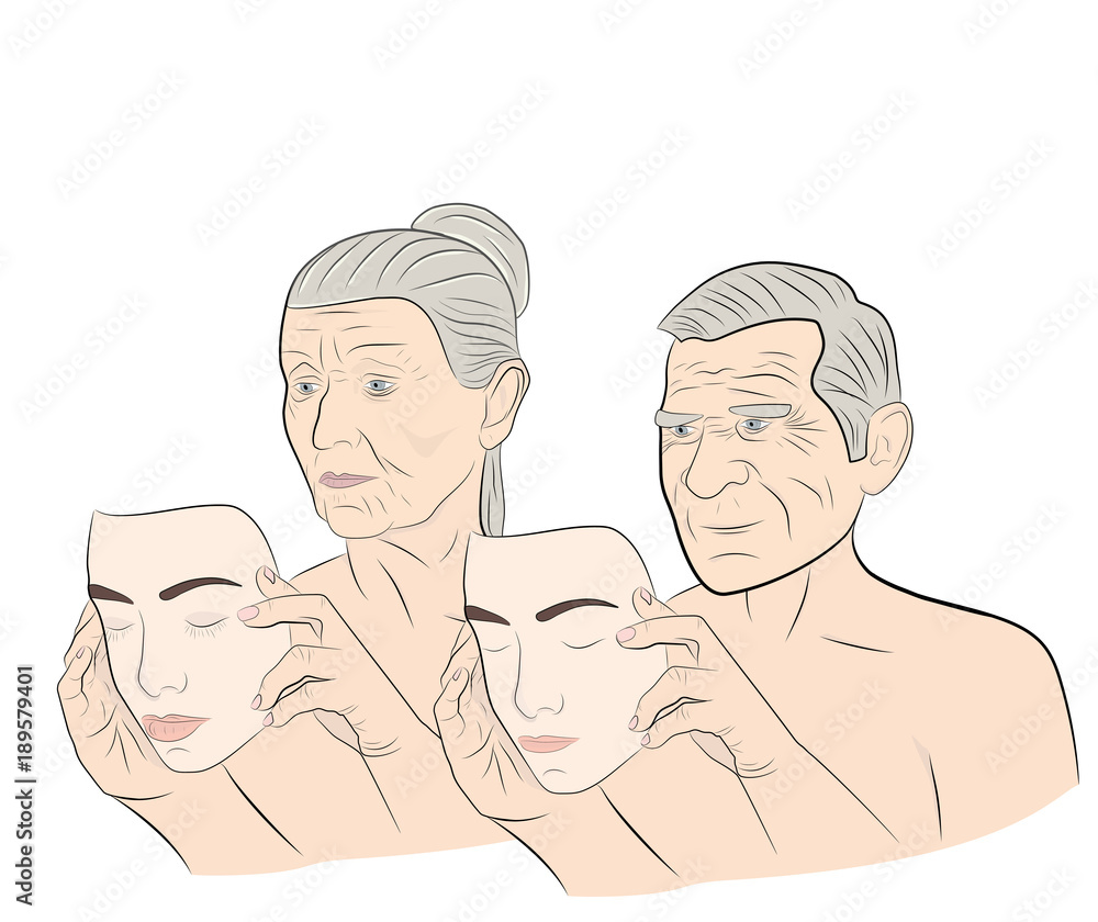 An elderly woman and a man dresses a mask with a young face. concept of rejuvenation. vector illustration. An elderly woman and a man dresses a mask with a young face. concept of rejuvenation. vector illustration.