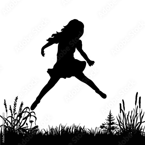 isolated silhouette little girl jumping on the grass on a white background