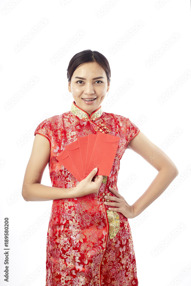 chinese new year woman holding red envelope chinese new year woman holding red envelope