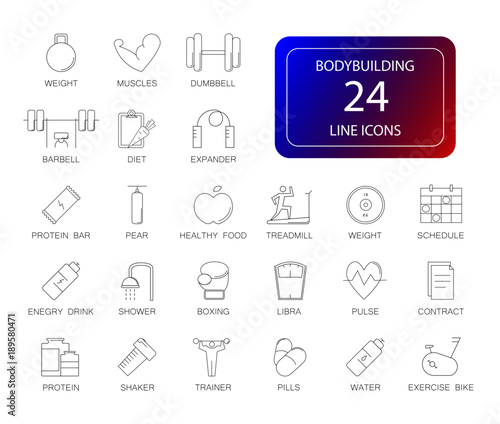 Line icons set. Bodybuilding pack. Vector illustration