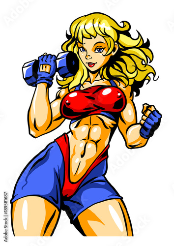 Sexy fitness blonde girl with dumbbells, illustration,art,design,logo,color image