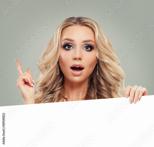 Woman Pointing Finger and Showing Blank Board Banner