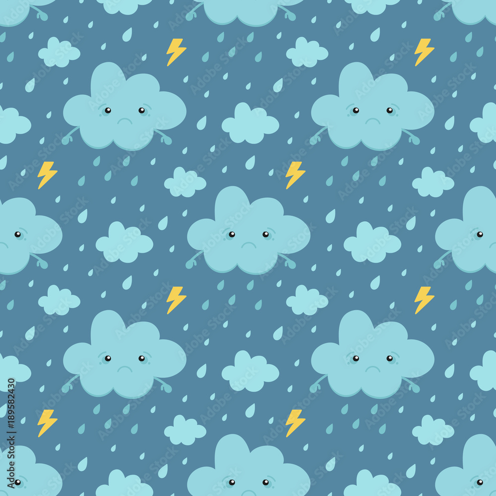Rainy weather seamless pattern background with sad cloud character ...