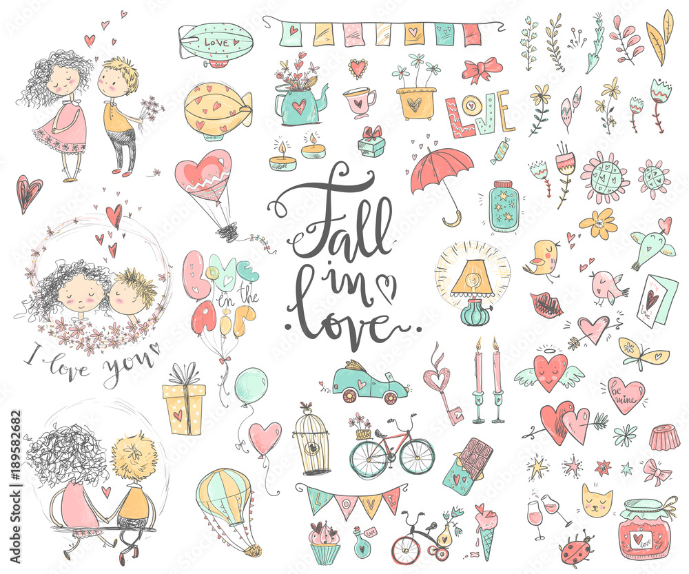 Fototapeta premium Cute fall in love collection. Nice romantic isolated elements. F