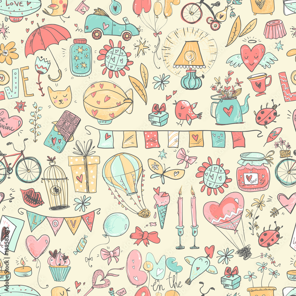 Cute fall in love seamless pattern. Nice romantic elements. Flow Cute fall in love seamless pattern. Nice romantic elements. Flow