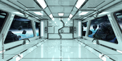 Fototapeta Naklejka Na Ścianę i Meble -  Spaceship interior with view on planets 3D rendering elements of this image furnished by NASA