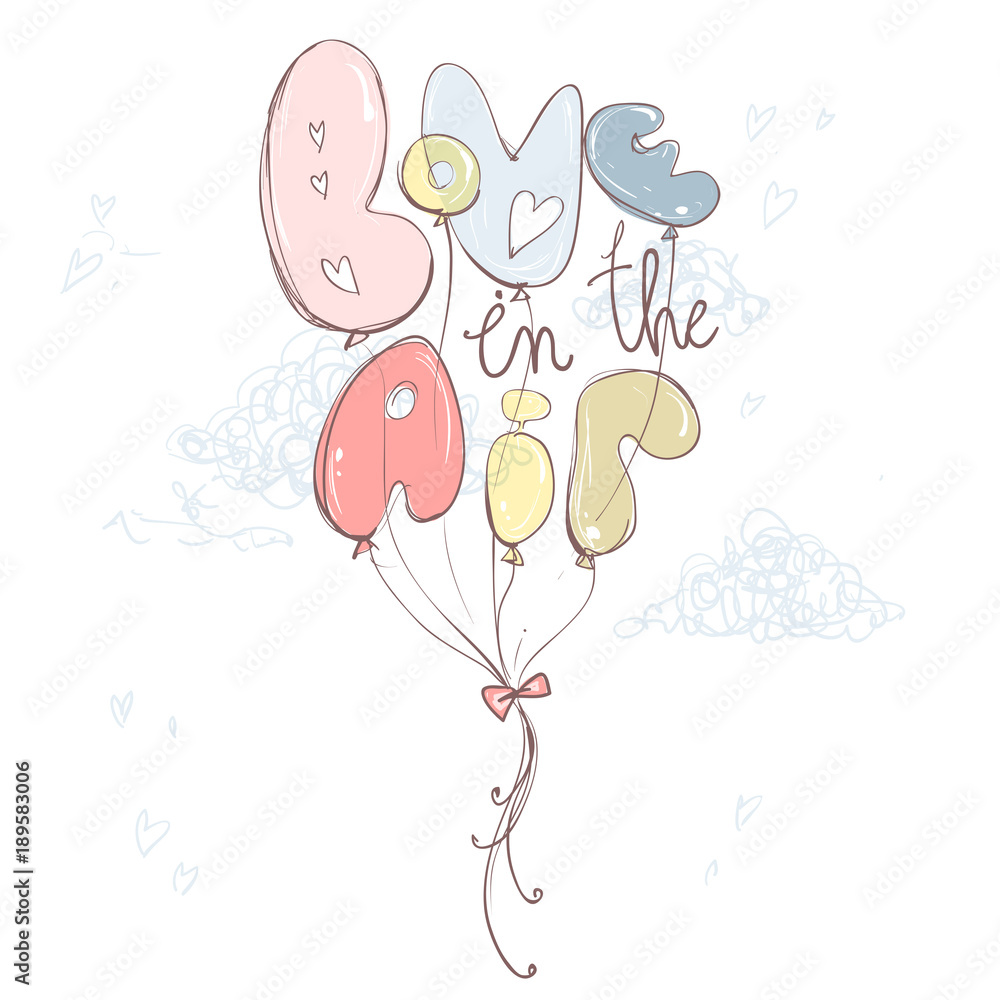 Love in the air ballons. Romantic hand drawn illustration, paste Love in the air ballons. Romantic hand drawn illustration, paste