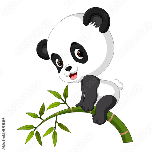 Fototapeta Naklejka Na Ścianę i Meble -  Cute funny baby panda hanging on the bamboo
