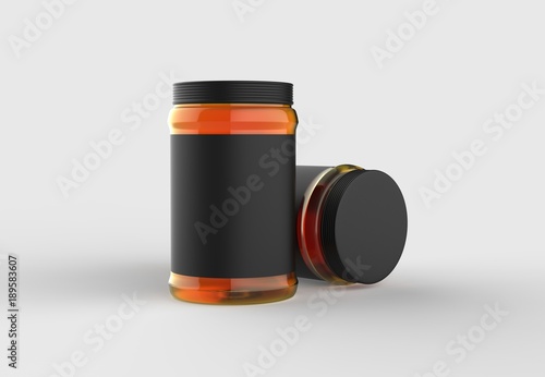 Honey in jar mock up isolated on soft gray background with black label. 3D illustrating.