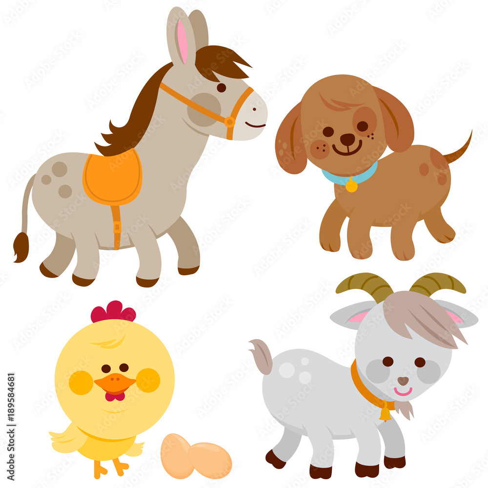 Obraz premium Farm animals. A donkey, a dog, a chicken and a goat. Vector illustration