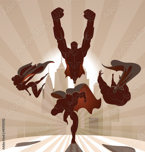 2569301 Superhero Team; Team of superheroes, flying and running in front of a urban background.