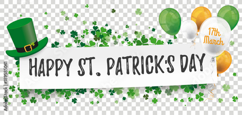 Happy St Patricks Day Paper Banner Hat Shamrocks Balloons Transparent photo