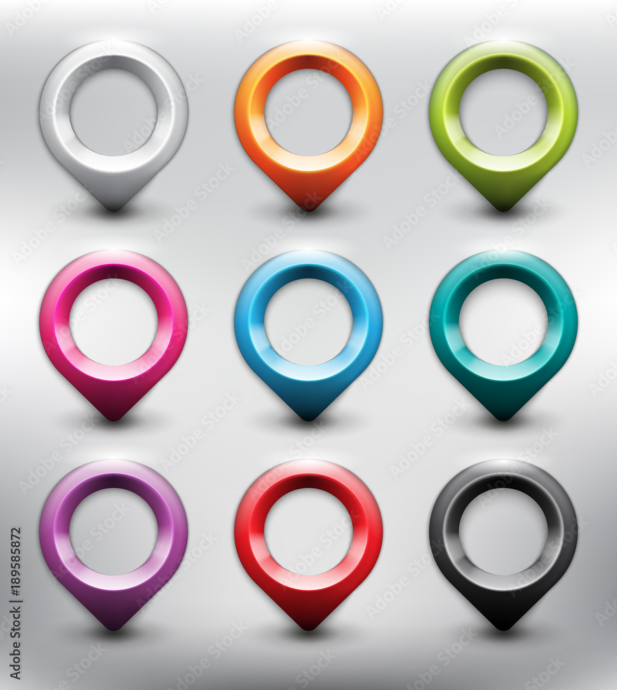 Collection of 9 blank map markers. Location icons. Colorful with transparent glass in 9 different colors. Isolated with realistic shine and shadow on the light background. Vector illustration. Eps10. Collection of 9 blank map markers. Location icons. Colorful with transparent glass in 9 different colors. Isolated with realistic shine and shadow on the light background. Vector illustration. Eps10.