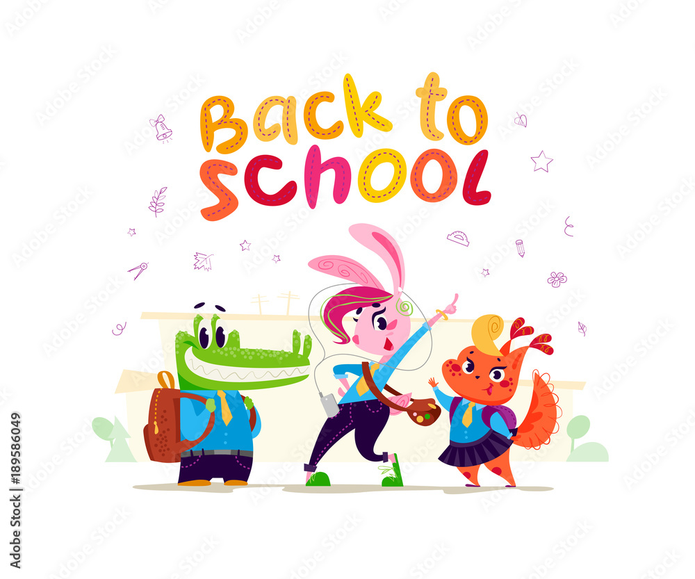 Vector flat collection of happy animal student standing at school building. Back to school illustration isolated on white background. Cartoon style, lettering. Good for sticker, banner, package design