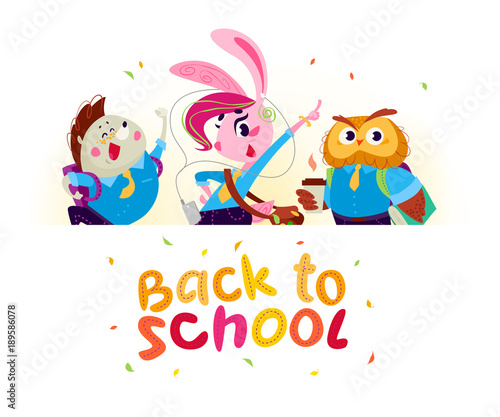 Vector flat collection of happy animal student standing behind white paper background. Back to school illustration isolated on white background. Cartoon style. Good for poster banner  packaging design