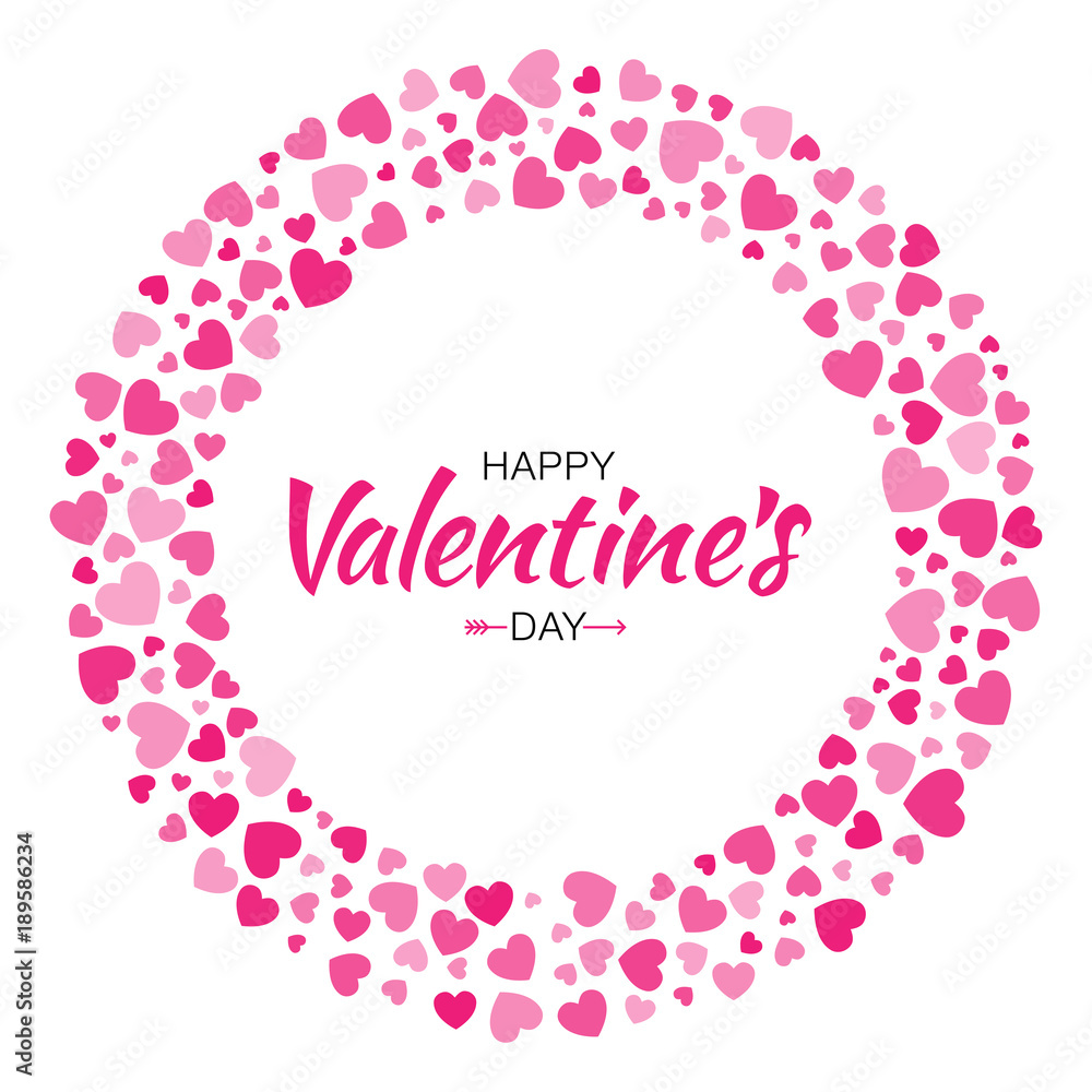 Valentines Day card design. Love circle frame  from pattern gentle pink hearts  isolated on white background.  Backdrop border for Wedding Invitation card. Vector illustration EPS10.